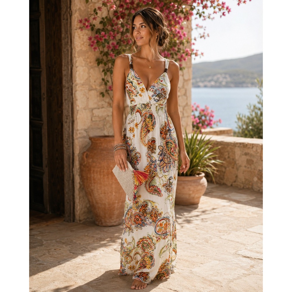 Lascana for Venus Dress Womens Medium White Paisley Maxi Boho Festival Summer